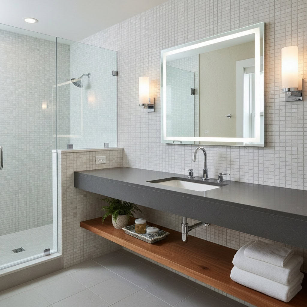 A modern bathroom featuring a shell tile wall and a sleek vanity with a large mirror, illuminated by wall sconces, showcasing.