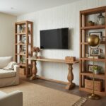 Mother of pearl shell tile used as wall decor in modern living room.