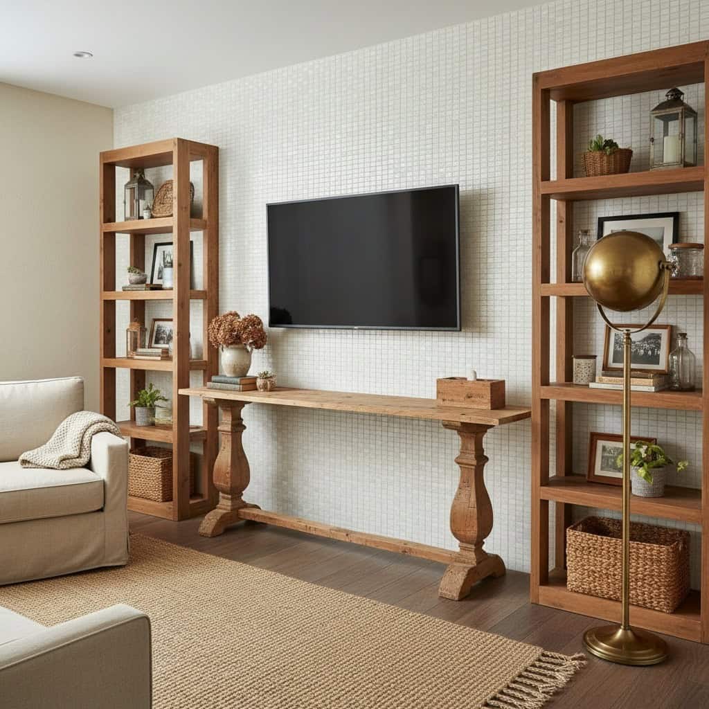 Mother of pearl shell tile used as wall decor in modern living room.