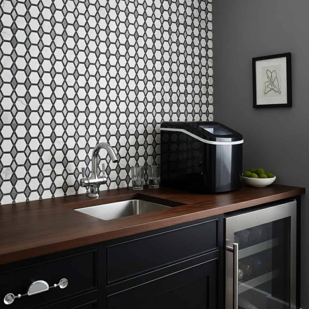 Black and white hexagon tiles with a matte finish, creating a modern geometric pattern on the kitchen wall.