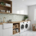 Bright laundry room with white cabinetry and a green chevron tile backsplash. Features a wooden countertop, washing machine,.