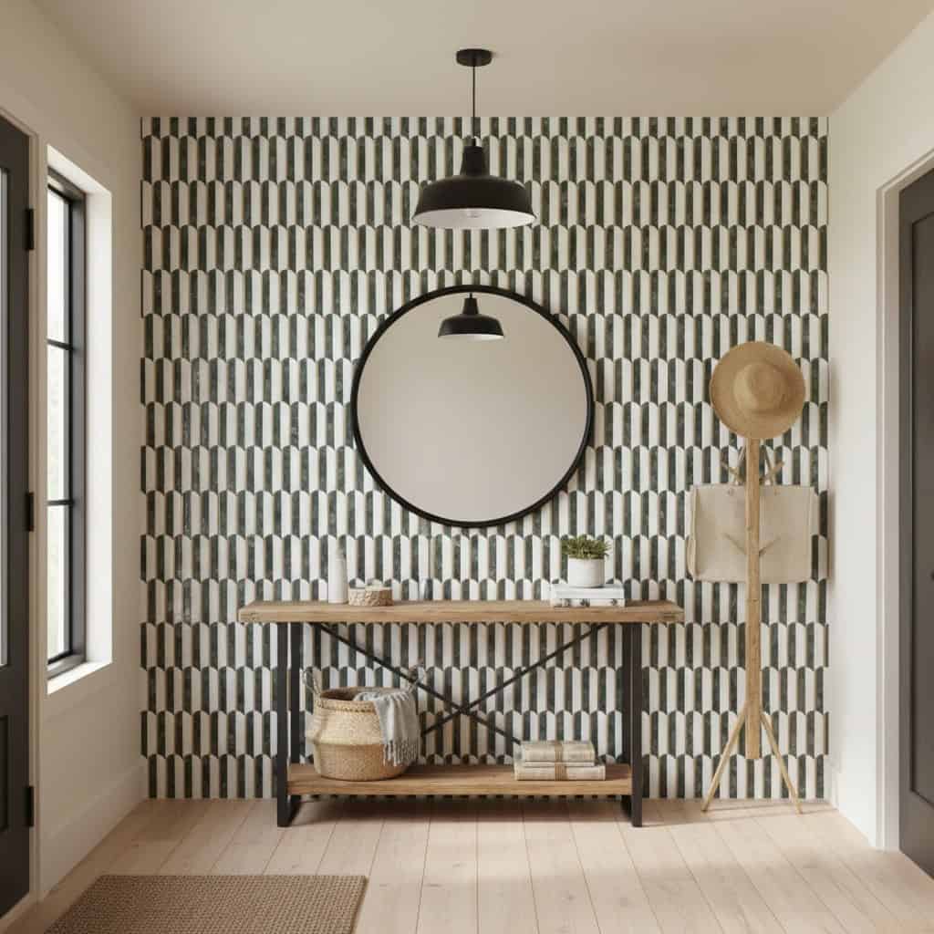Black and white geometric patterned tile with matte finish, textured surface, in a contemporary entryway.