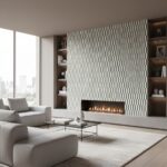 Bright, textured gray tile wall with a sleek fireplace in a contemporary living room.