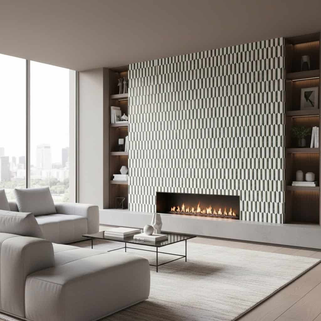 Bright, textured gray tile wall with a sleek fireplace in a contemporary living room.