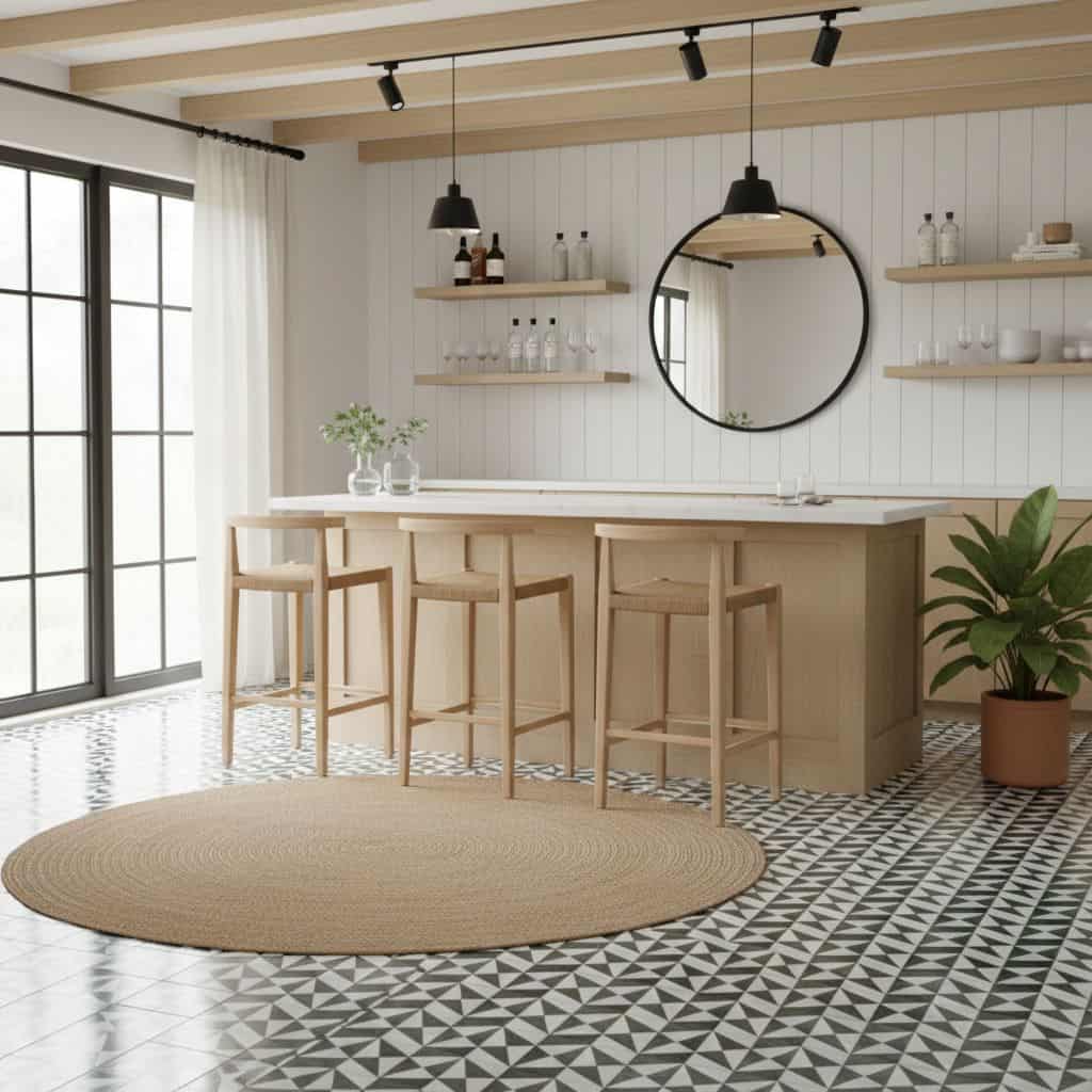 Bright kitchen featuring white cabinetry, black pendant lights, and a geometric patterned tile floor.