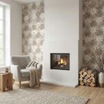 Bright living room featuring floral patterned tiles in neutral tones around the fireplace.