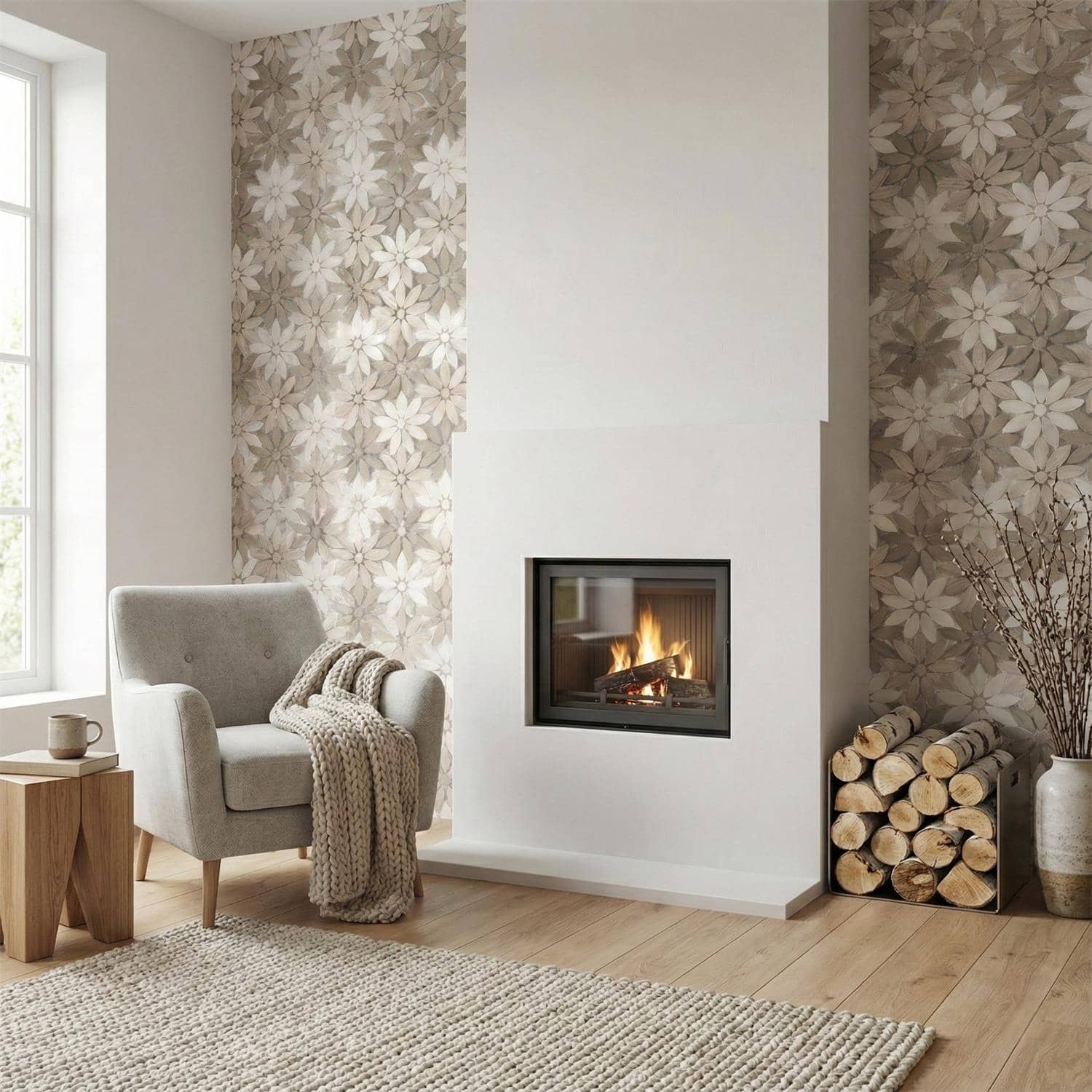 Bright living room featuring floral patterned tiles in neutral tones around the fireplace.