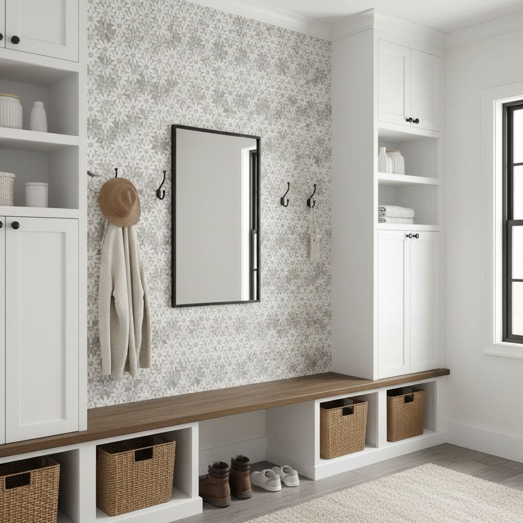 White and gray patterned wall tile with a textured surface, used as an accent wall in a bright, modern entryway.