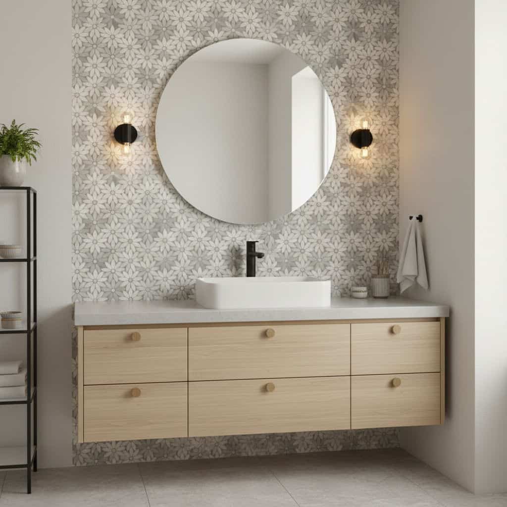 Elegant geometric patterned wall tile with a neutral color palette.