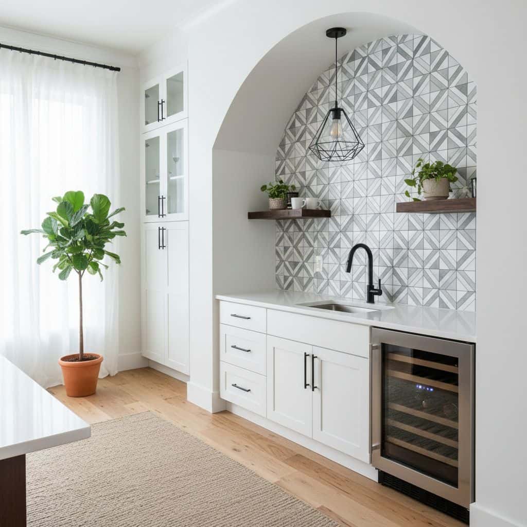Removable peel and stick wall tile with geometric pattern behind kitchen sink and wine cooler. Bright, minimalist design with.