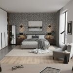 Black and white geometric patterned wallpaper on bedroom accent wall, creating a bold and contemporary look.