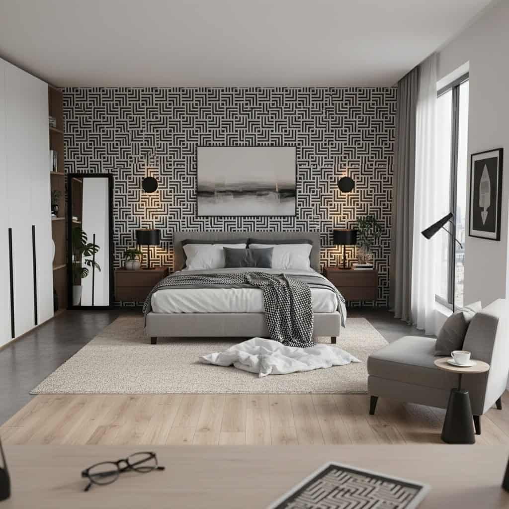 Black and white geometric patterned wallpaper on bedroom accent wall, creating a bold and contemporary look.
