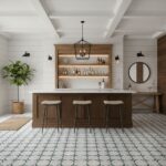 Bar area with wooden accents, white shiplap walls, and patterned tile flooring.