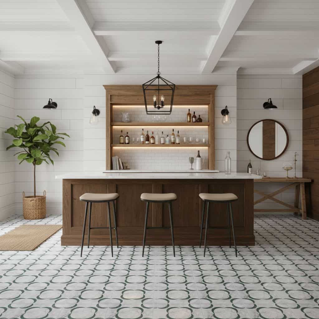 Bar area with wooden accents, white shiplap walls, and patterned tile flooring.