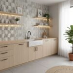 marble pattern peel and stick wall tiles for kitchen with wood cabinets