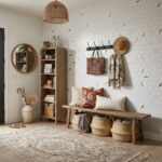 Stylish entryway with peel and stick wall tiles, wooden bench, and decorative accessories.