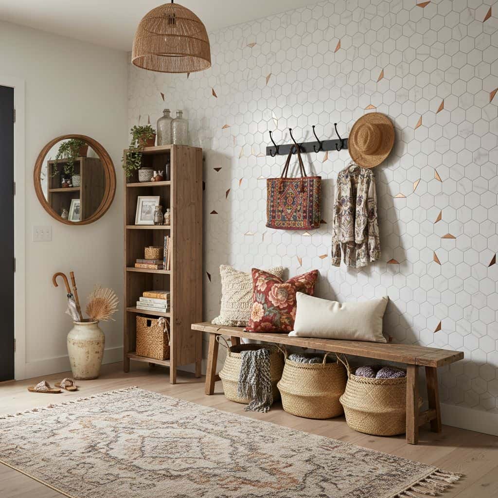 Stylish entryway with peel and stick wall tiles, wooden bench, and decorative accessories.