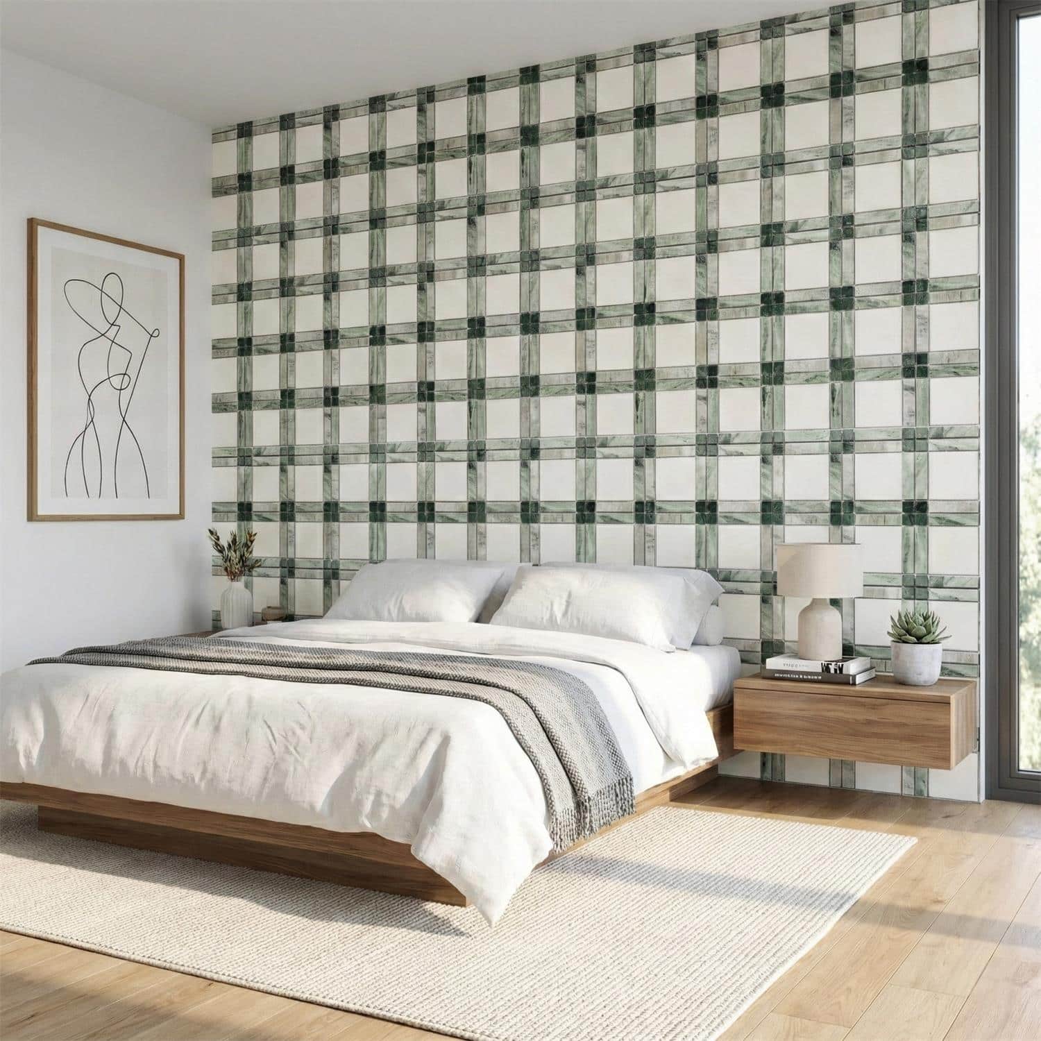 Green marble checkered tile wall with glossy finish behind bed, adding a modern and elegant touch to the bedroom decor.