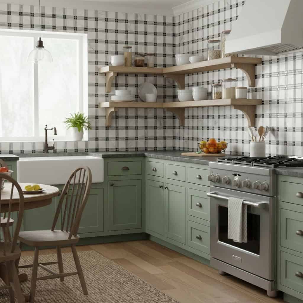 Kitchen tile with checkered black and white pattern, matte finish, in a cozy kitchen with green cabinets and open wooden shel.