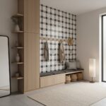 Black and white checkered tile with textured surface, used as accent wall in modern interior design.