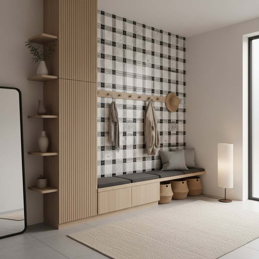 Black and white checkered tile with textured surface, used as accent wall in modern interior design.