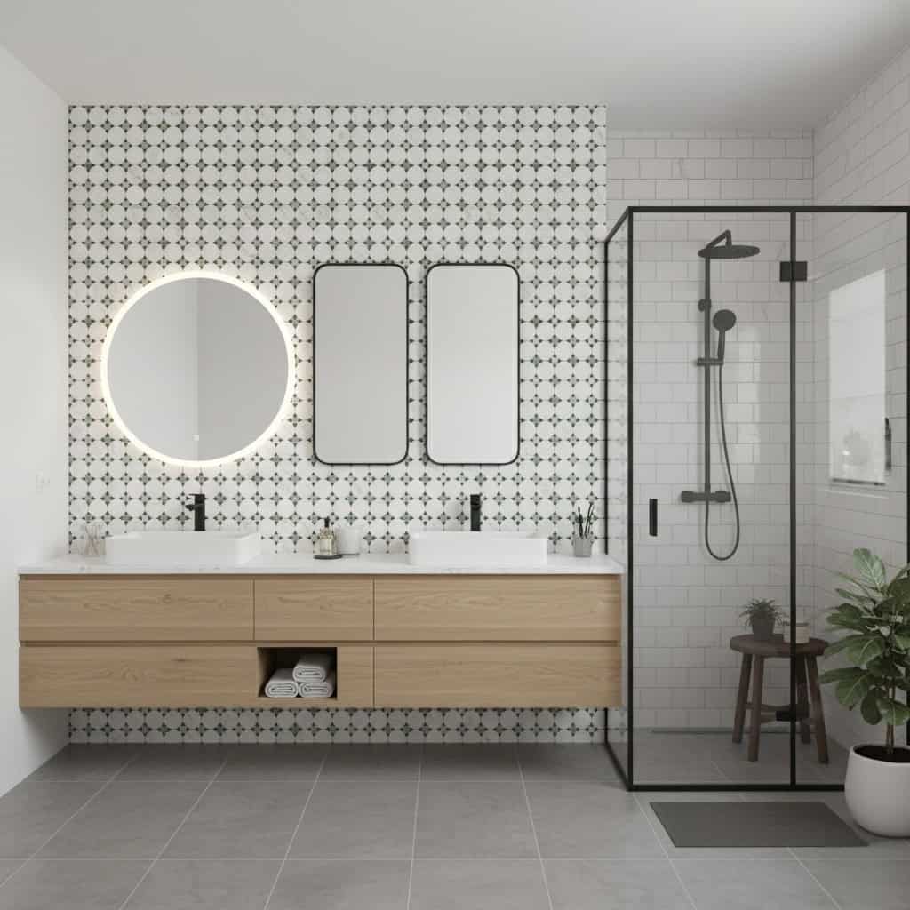 Bright bathroom featuring black and white patterned tiles on the wall, a double vanity with round and rectangular mirrors, an.