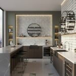 Wine cellar wall tile with black and white geometric pattern, textured surface, and modern design.
