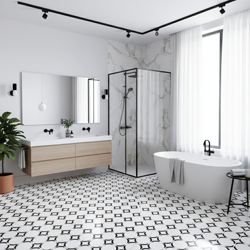 Black and white geometric patterned tiles, white bathtub, marble shower walls, and minimalist decor.