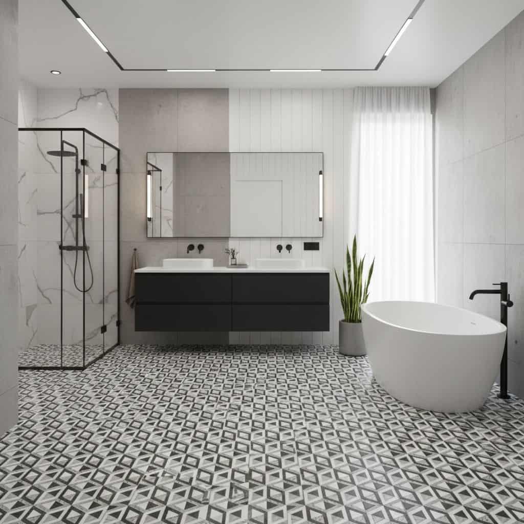 Bright bathroom featuring black and white geometric patterned tiles, a sleek black vanity, a white bathtub, and minimalist de.