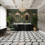 Luxurious bathroom with green and gold accents, featuring patterned black and white floor tiles, a chandelier, and classic de.