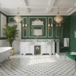 Bright bathroom with green wall tiles, white vanity, and gold fixtures, featuring elegant chandeliers and a freestanding bath.