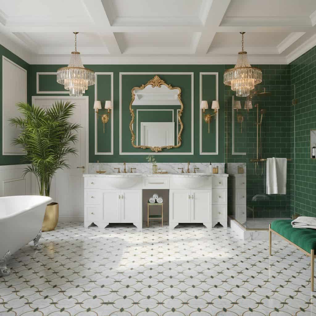 Bright bathroom with green wall tiles, white vanity, and gold fixtures, featuring elegant chandeliers and a freestanding bath.