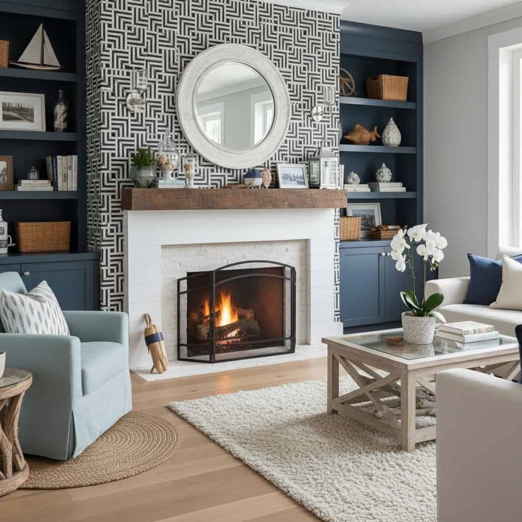 Geometric black and white tile with textured surface in a stylish living room.