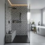 Black and white geometric patterned tile shower with a modern design.