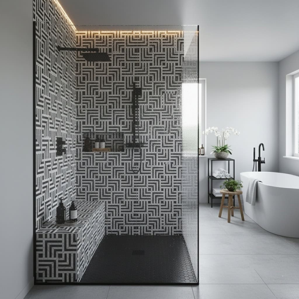 Black and white geometric patterned tile shower with a modern design.