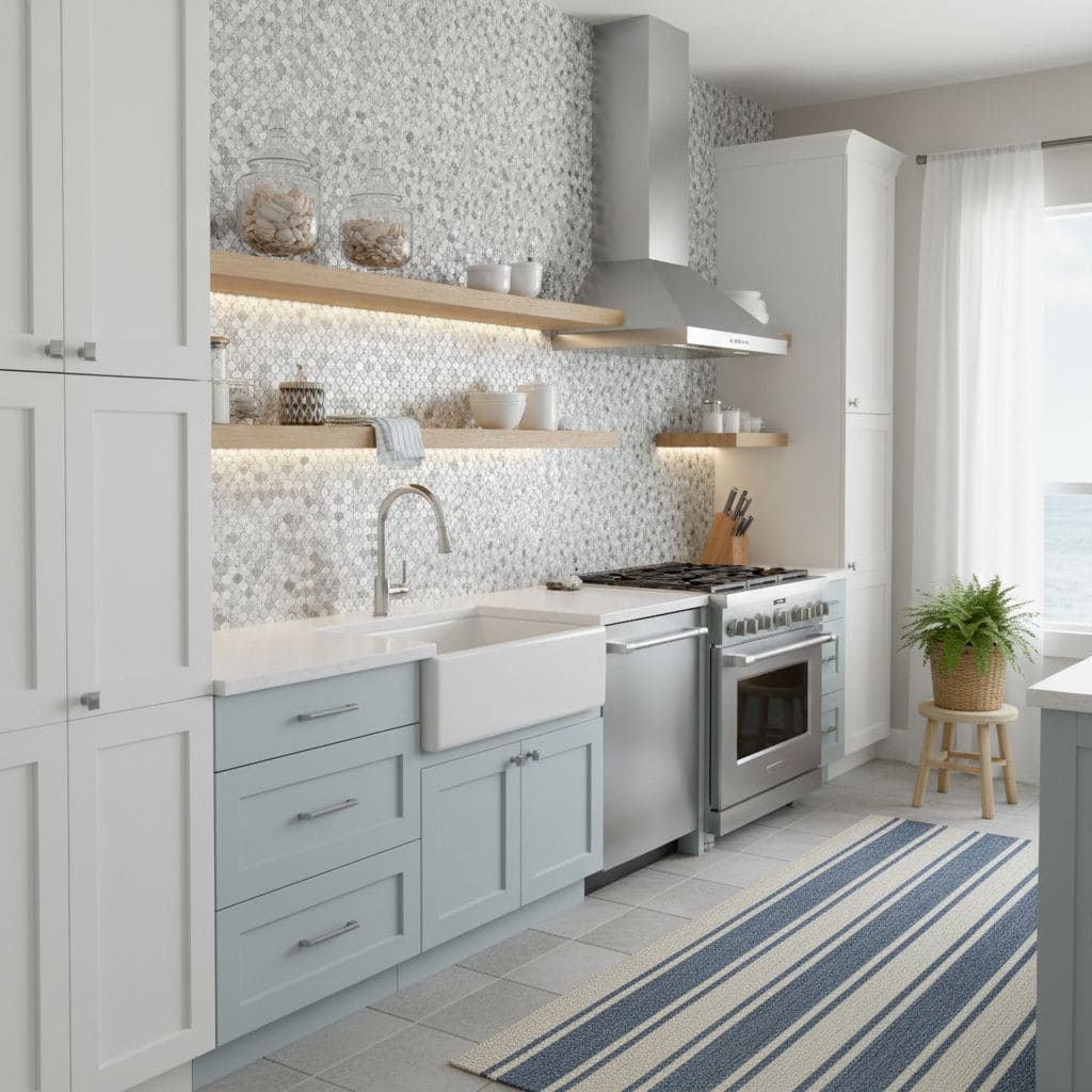 Modern kitchen with peel and stick tile backsplash, white cabinets, and stainless steel appliances.