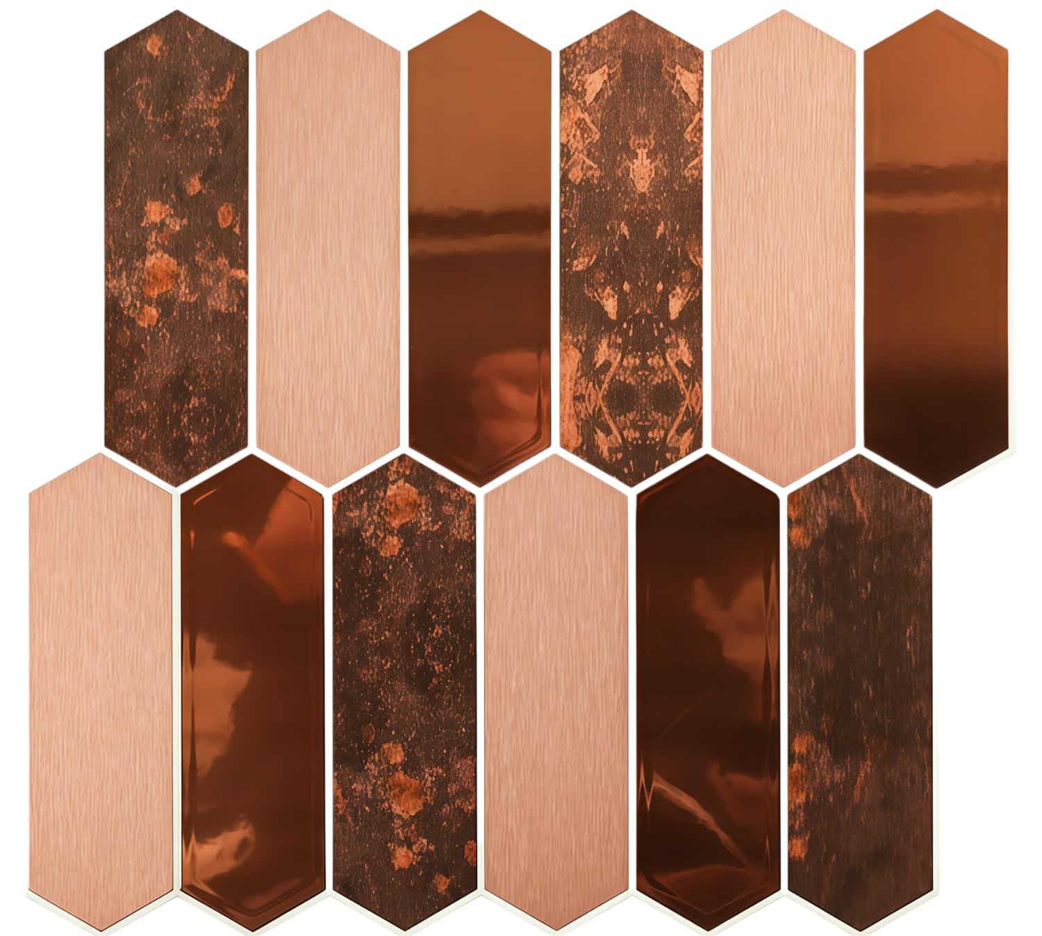 Copper peel and stick wall tiles with a mix of textured and smooth finishes for easy home decor updates.