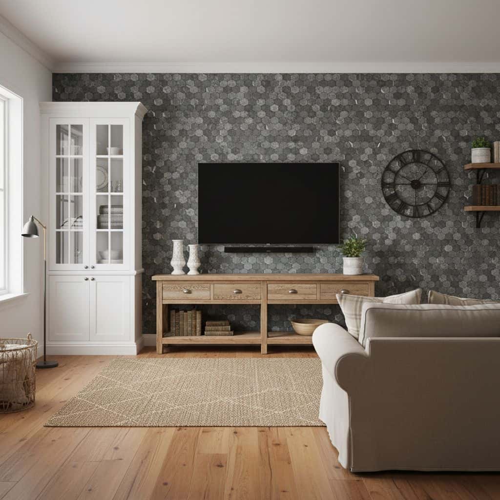 Modern peel and stick tile backsplash for living room wall decor.