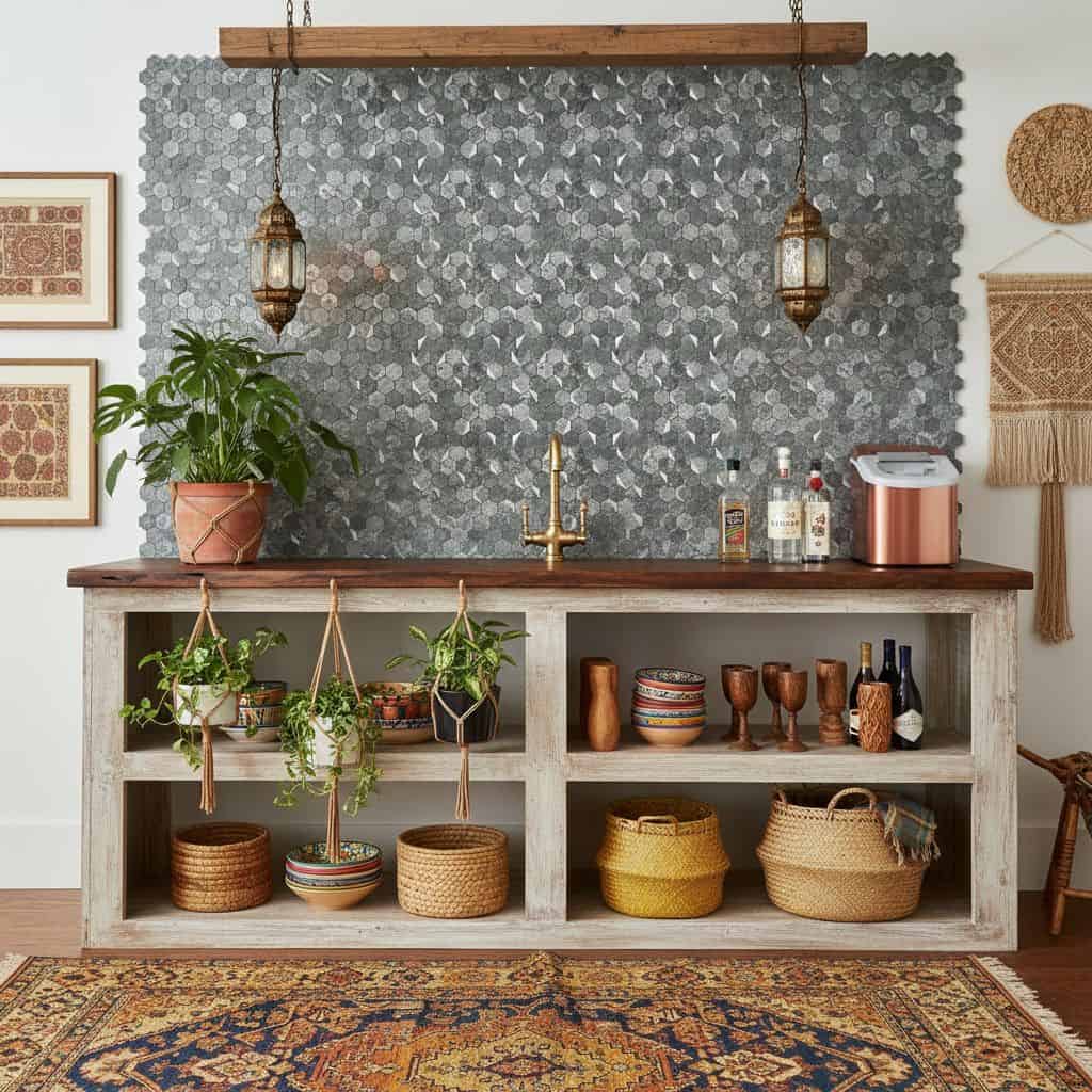 Image of peel and stick tile backsplash behind a rustic kitchen counter.