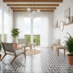 Bright living room with black and white geometric patterned ceramic tiles, natural light, and minimalist decor.