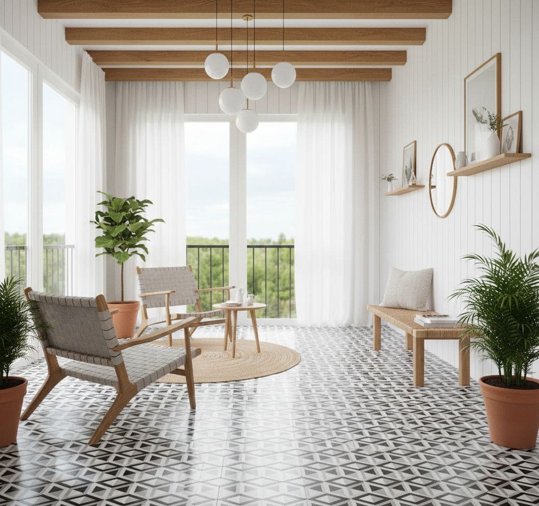 Bright living room with black and white geometric patterned ceramic tiles, natural light, and minimalist decor.