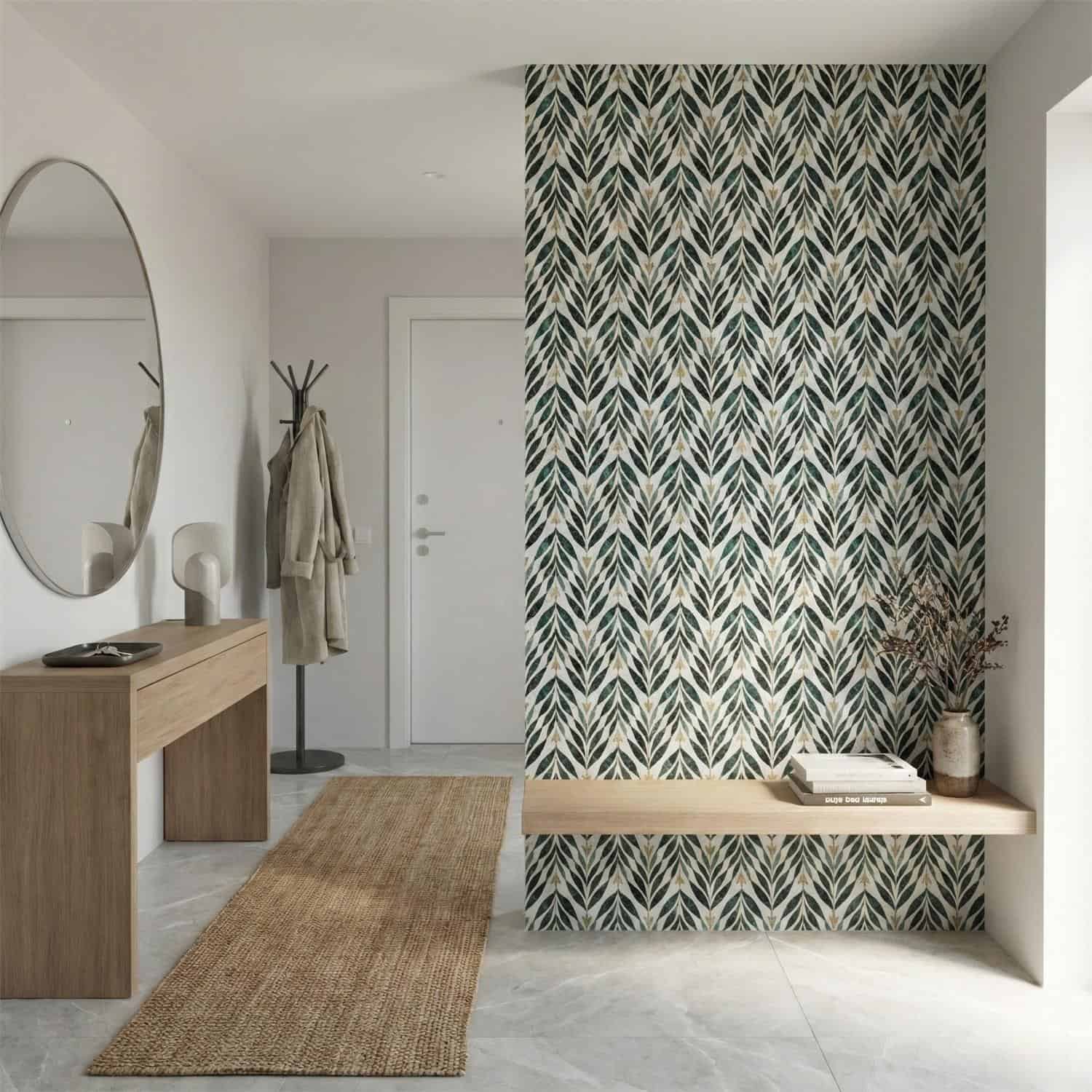 Decorative wall tile with a blue and white leaf pattern, textured surface, suitable for accent walls.