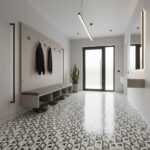 Geometric patterned floor tiles in black, white, and gray with a matte finish, complementing the minimalist and contemporary.