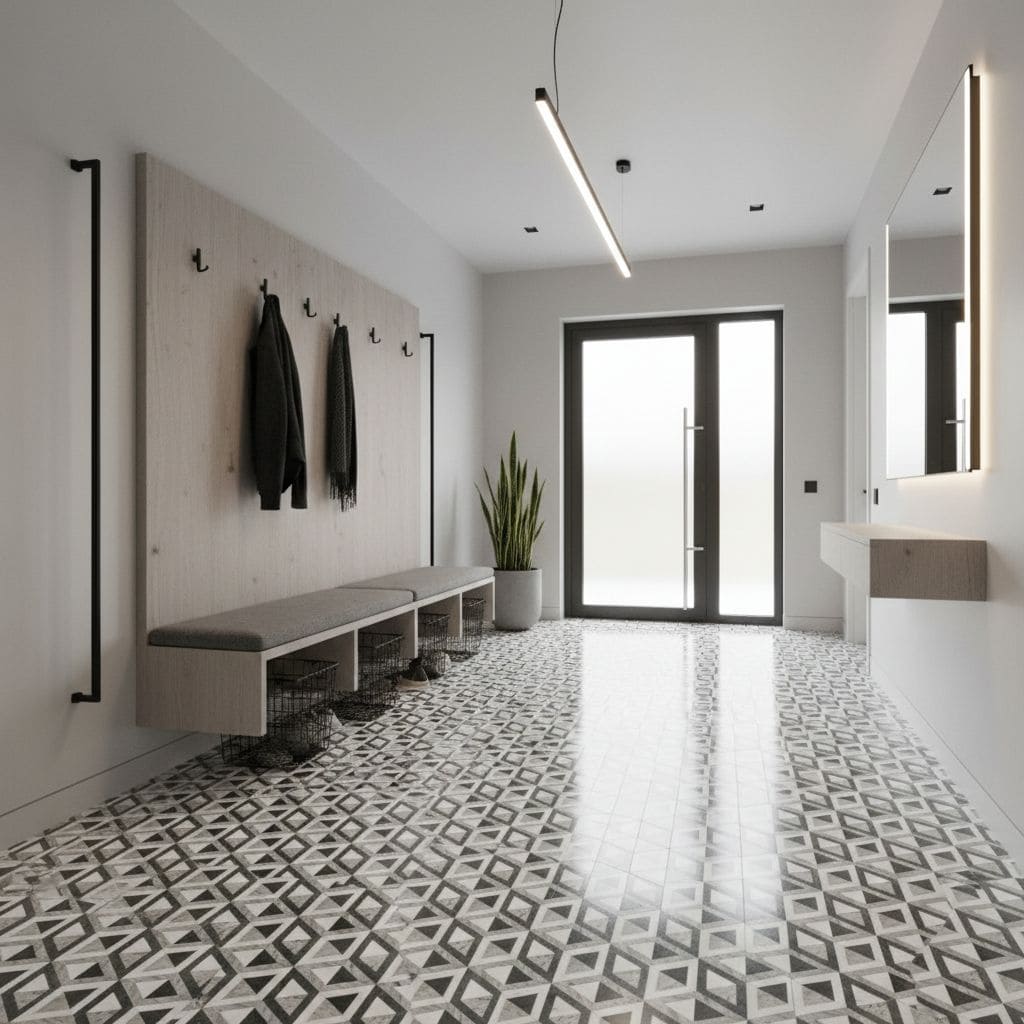 Geometric patterned floor tiles in black, white, and gray with a matte finish, complementing the minimalist and contemporary.