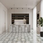 White and black marble textured tile with a glossy finish, arranged in a geometric pattern.