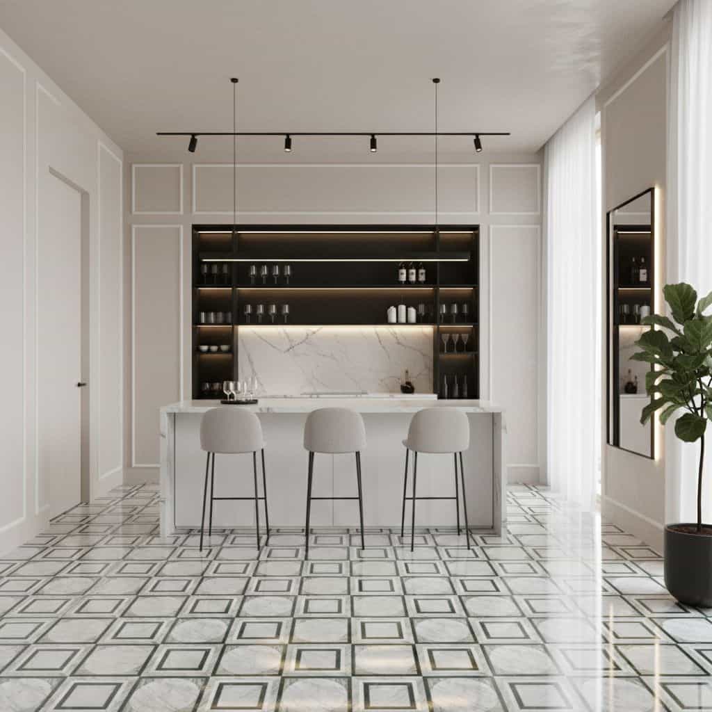 White and black marble textured tile with a glossy finish, arranged in a geometric pattern.