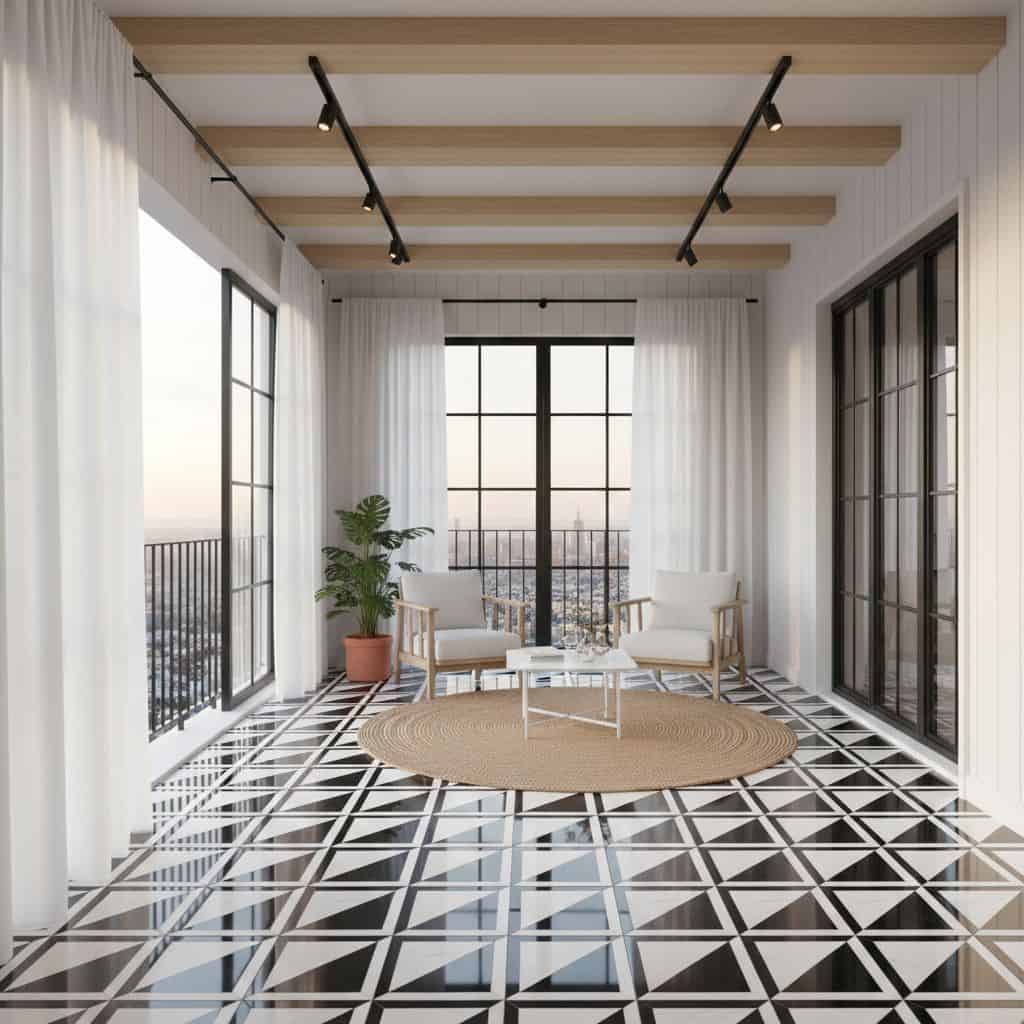 Bright, stylish room with black and white geometric patterned tiles, large windows, and minimalist decor.