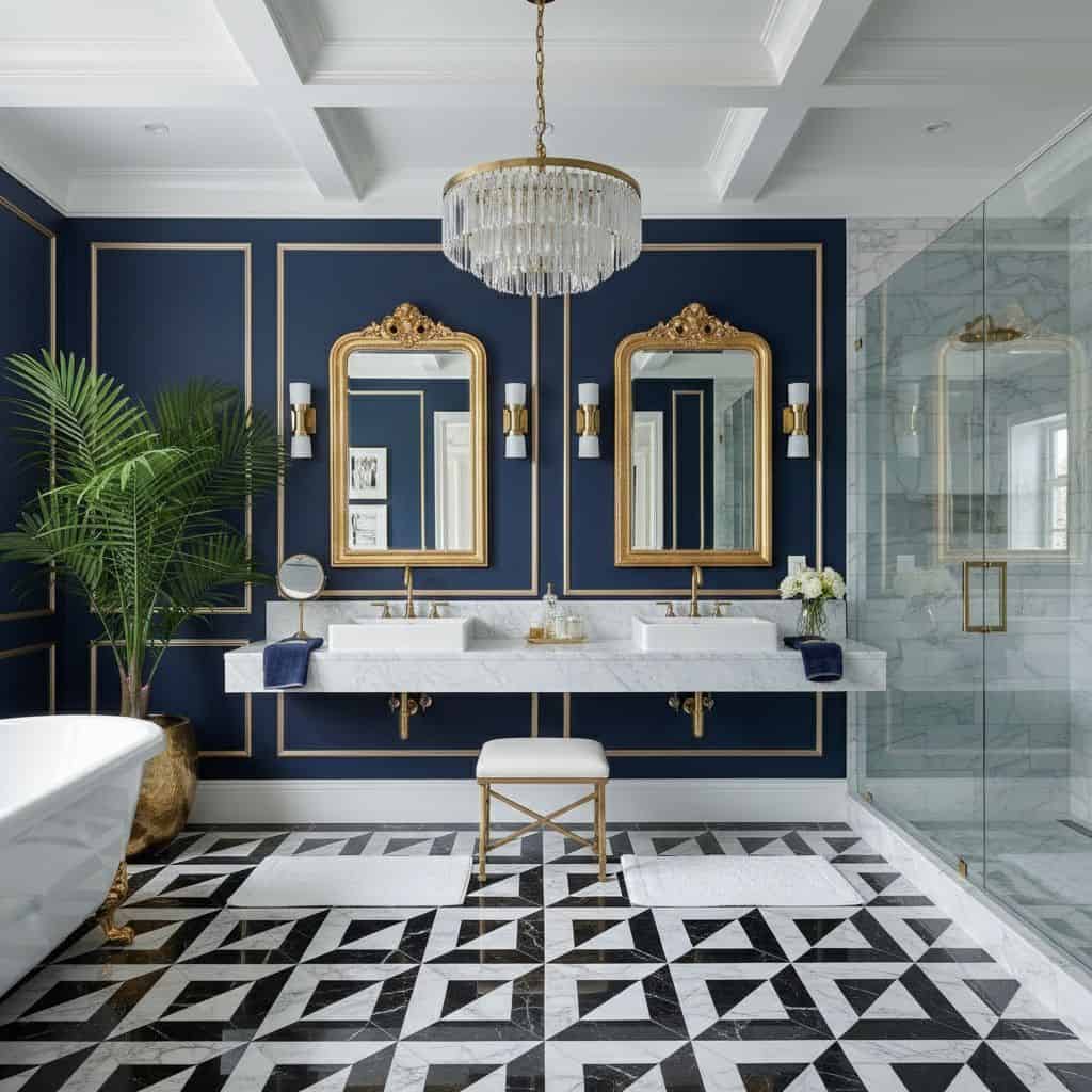 Navy blue wall tiles with gold accents, marble countertops, and black-and-white geometric patterned floor tiles.