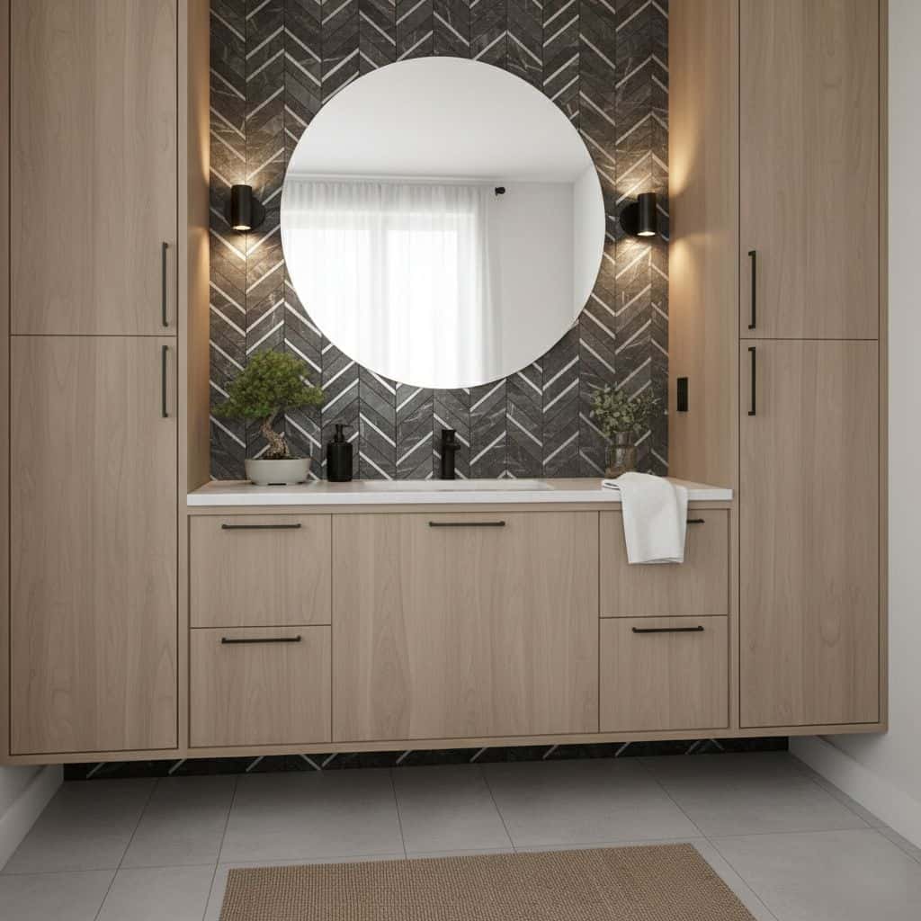 A stylish bathroom with peel and stick wall tile backsplash, round mirror, and light fixtures, creating a sleek and contempor.