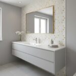 A modern bathroom featuring a sleek white vanity with a large mirror, decorated with mother of pearl shell tiles on the wall.